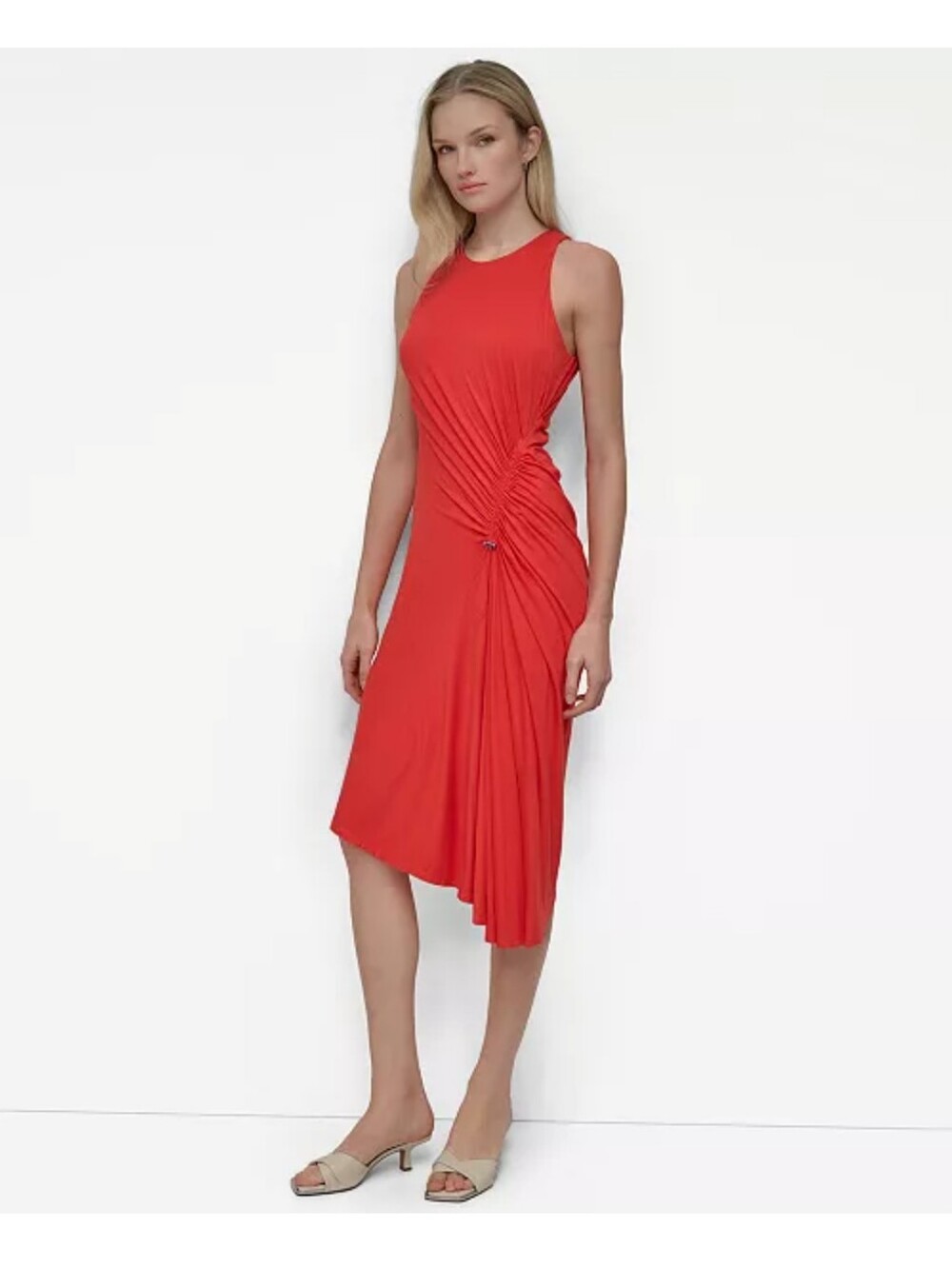 DKNY NWT Orange Ruched Drawstring Maxi Dress 14 Sleeveless Stretch Coastal